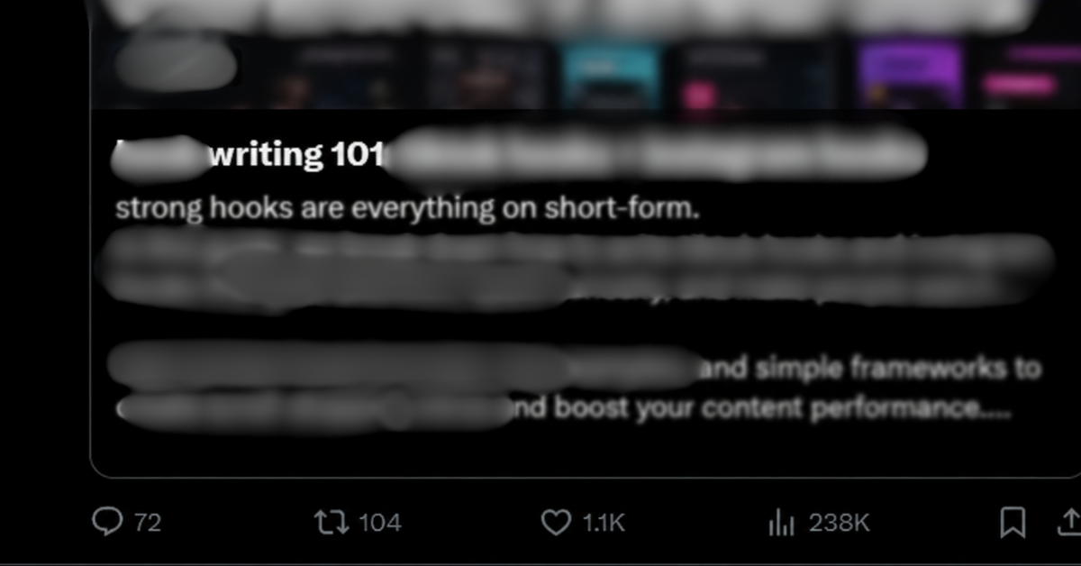 Screenshot of the X post about strong hooks on short-form, with 1.1K likes and 238K views